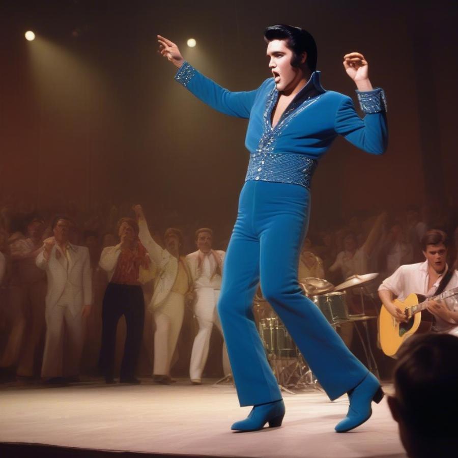 Elvis Presley Rocking the Stage with Blue Suede Shoes