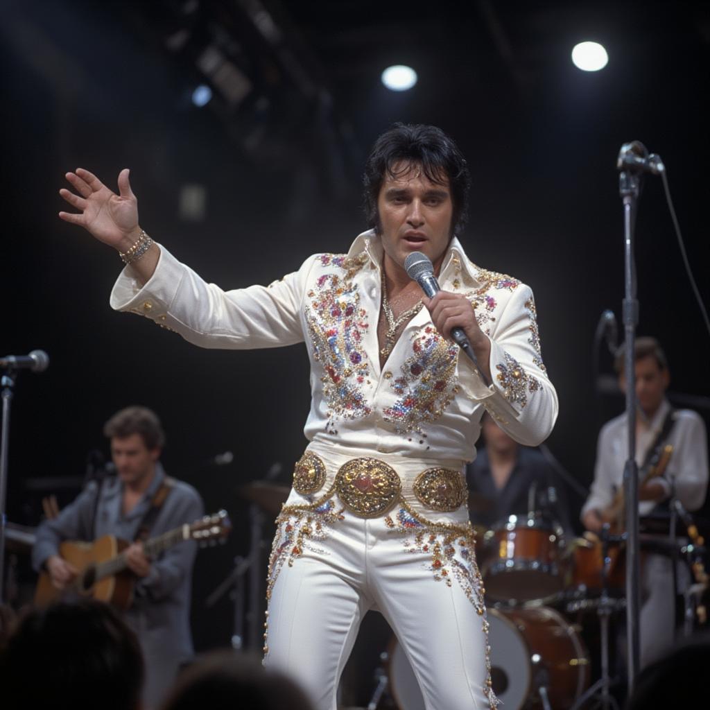 Elvis Presley Energetically Performing Gospel Music on Stage in a Live Concert