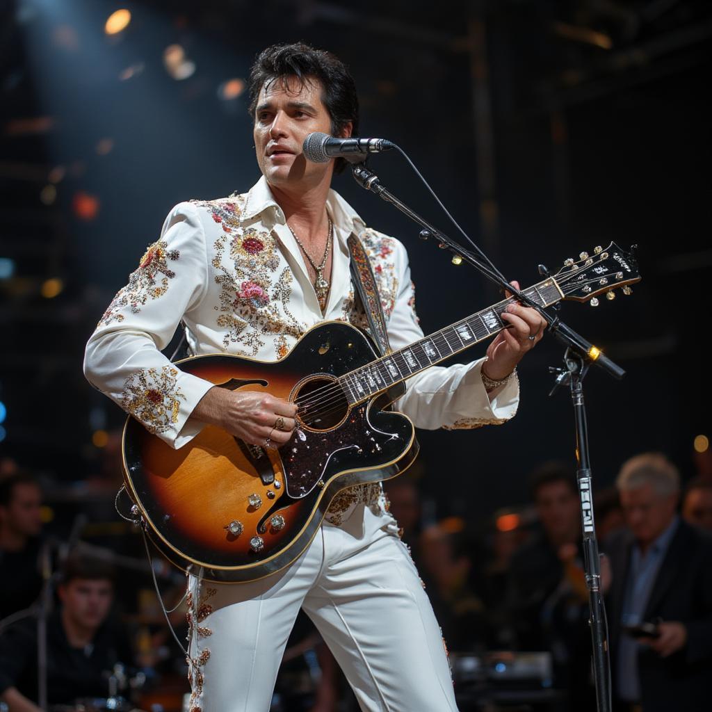 Elvis Presley in iconic performance moment with guitar