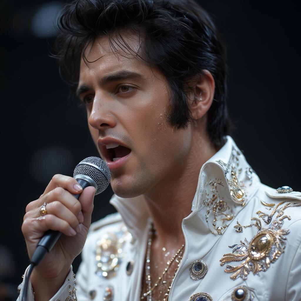 Elvis Presley in a White Jumpsuit Holding a Microphone in Las Vegas