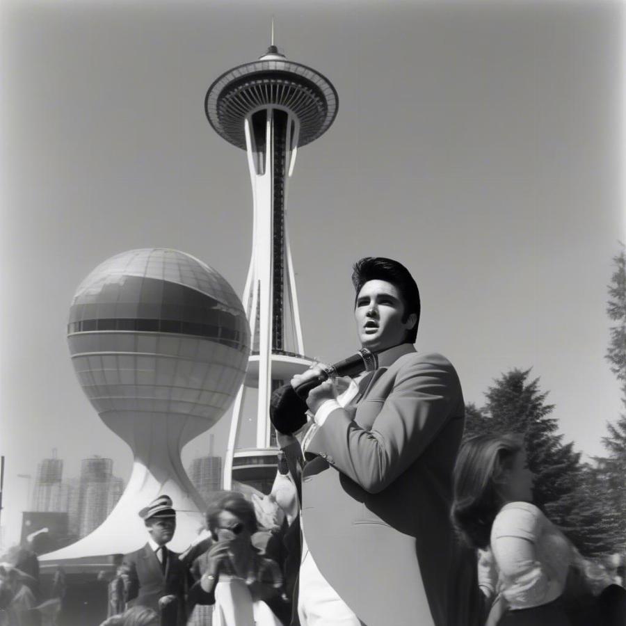 Elvis Presley at the Seattle World's Fair with the Space Needle