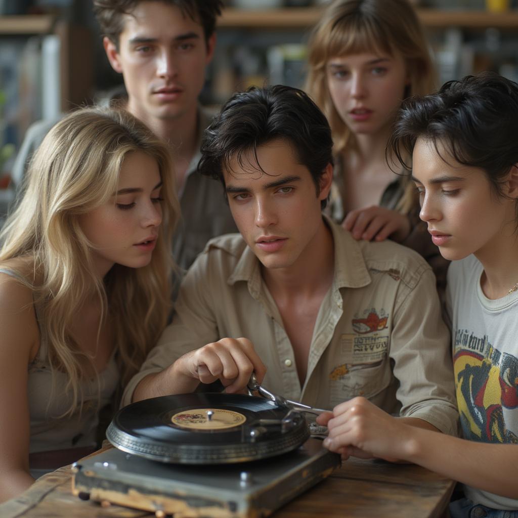 Fans listening to Elvis Presley's "You Always On My Mind" on vinyl