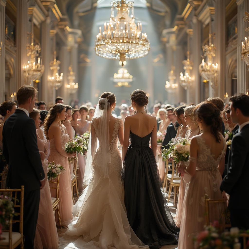 Eric and Vanessa at the altar, a wide shot showcasing the opulent ballroom and the contrasting colors of their attire.