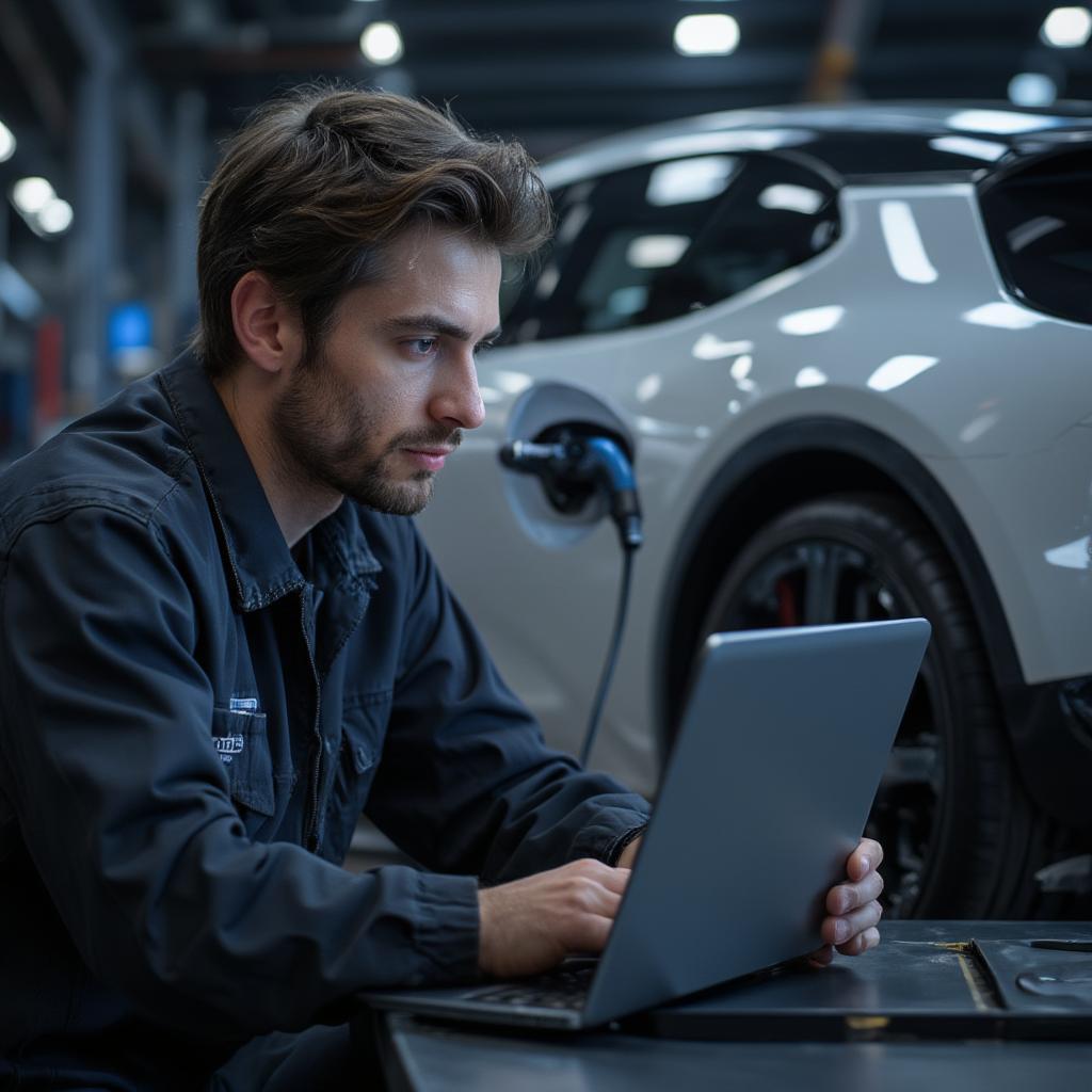 Electric car mechanic performing diagnostics on a vehicle