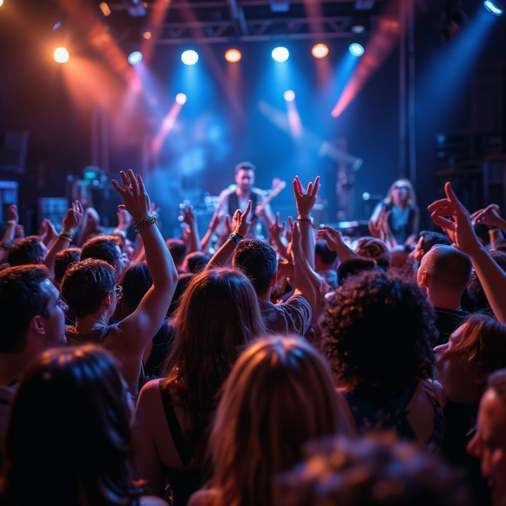 Excited crowd enjoying live music performance by a cover band.