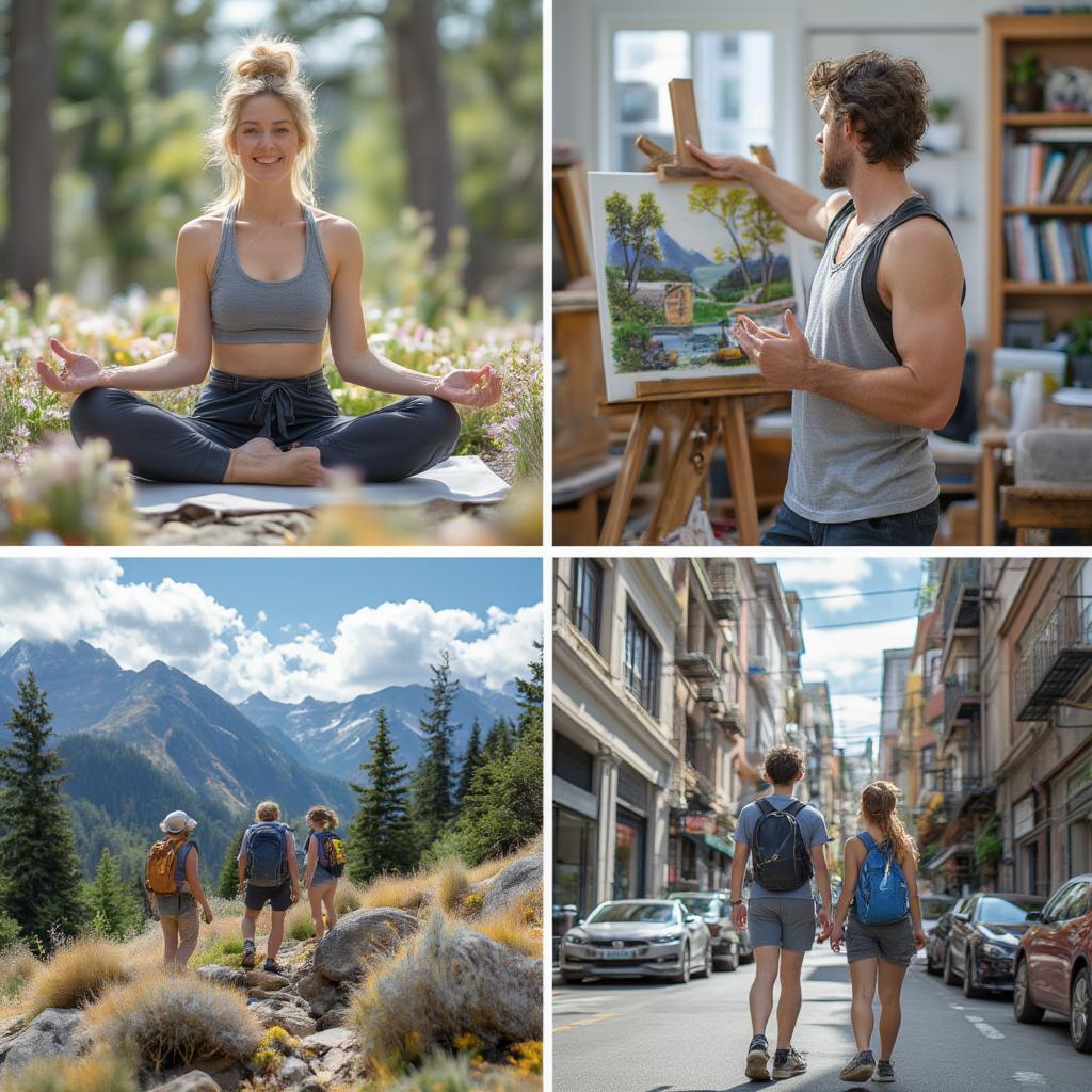 Individuals engaging in diverse activities representing different life styles: yoga, painting, hiking, city exploration.