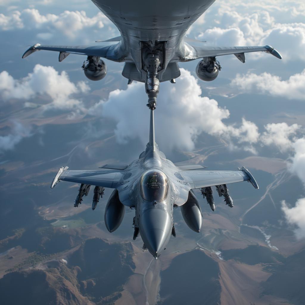 F-16 Fighter Jet Undergoing Mid-Air Refueling Operation