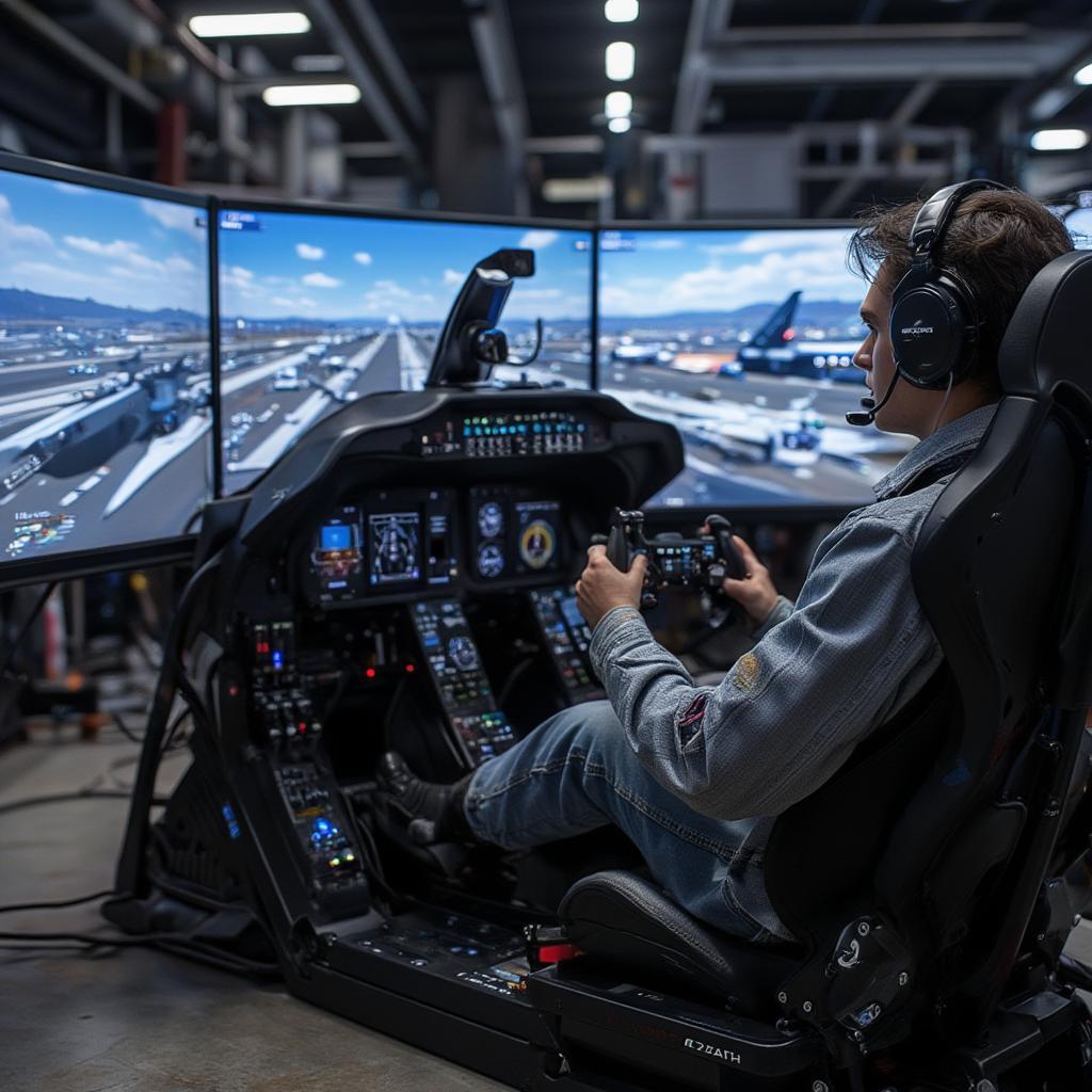 F22 Raptor Game Advanced Flight Simulator Setup with Joystick and Multiple Screens