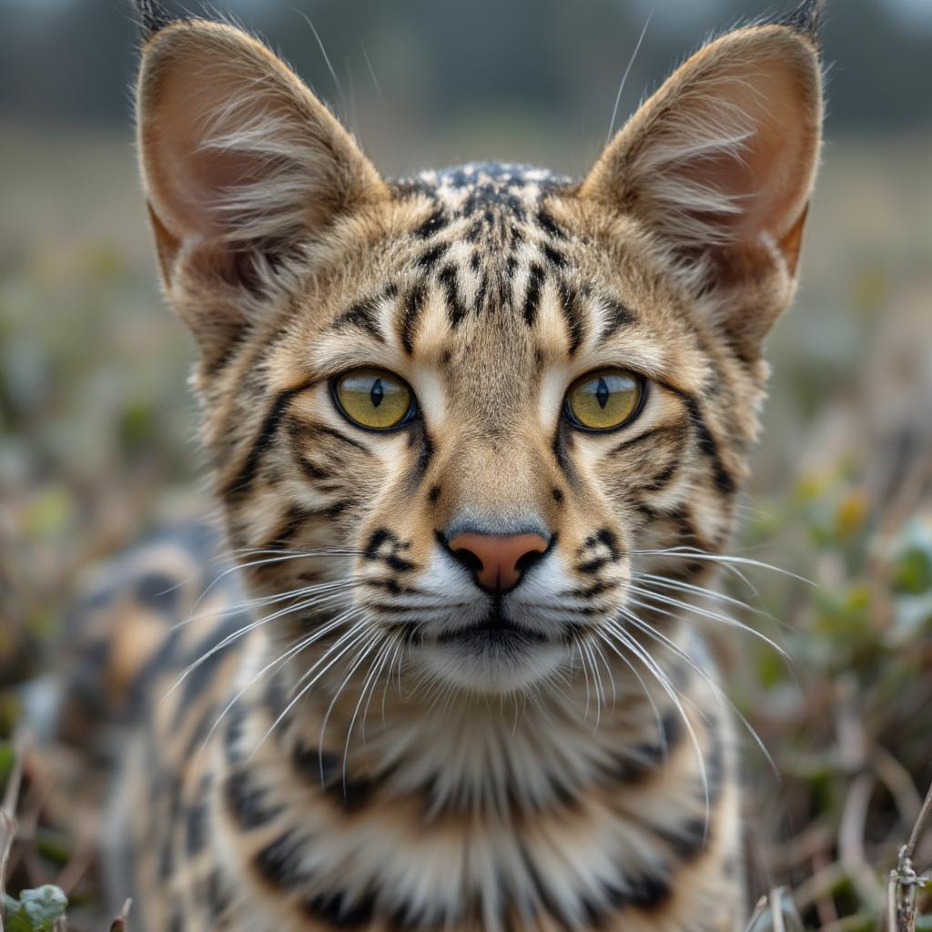 close up of f6 savannah cat face showing spots and eye color