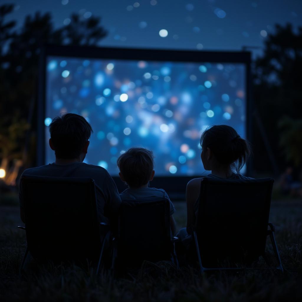 Family enjoying a movie under the stars at a drive-in