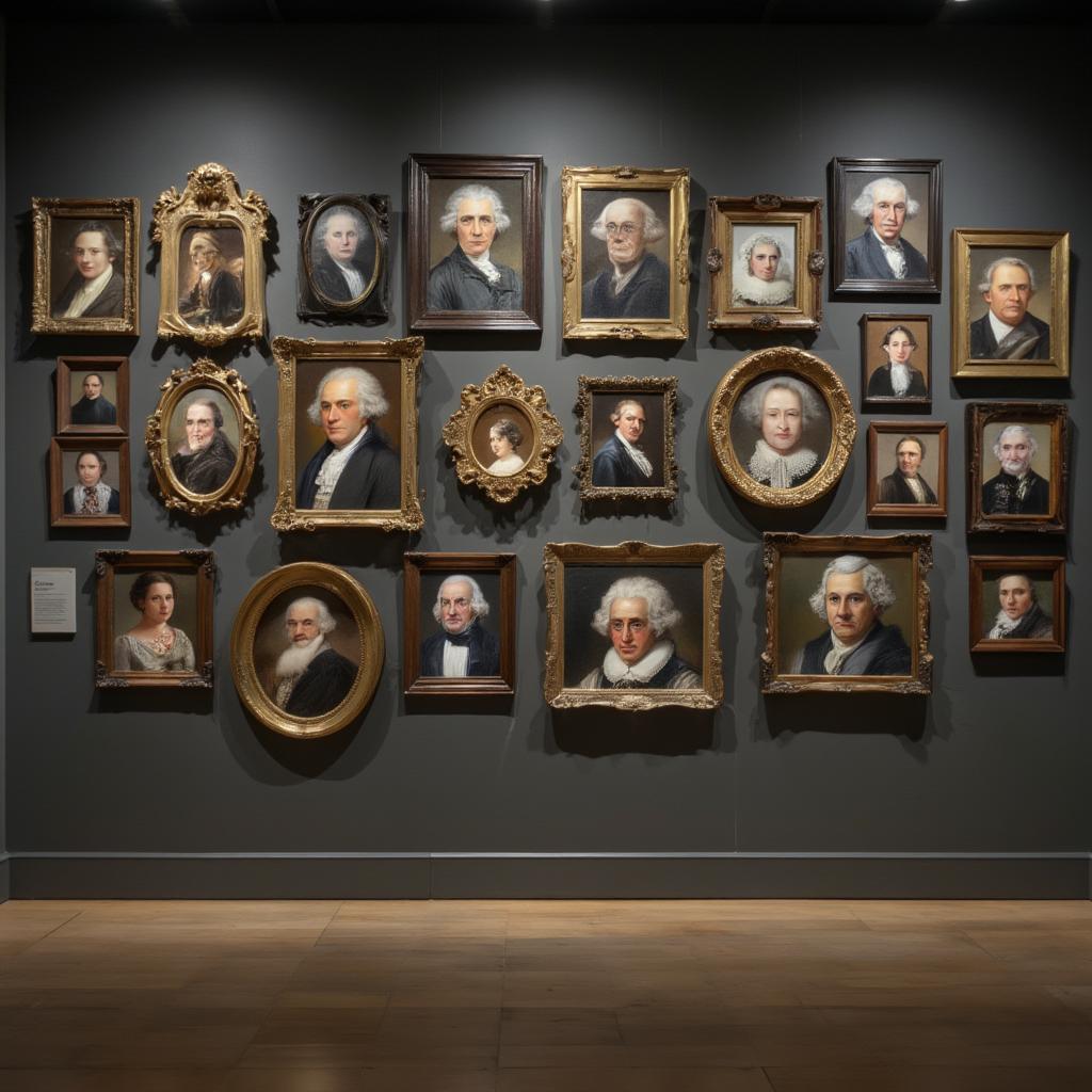 Famous historical figures portraits on a gallery wall