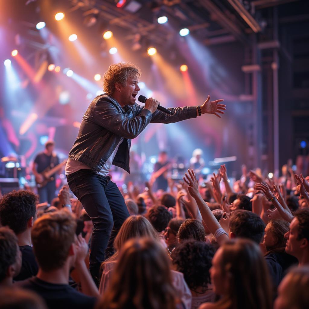 Famous Singer Performing Live on Stage with Energetic Crowd