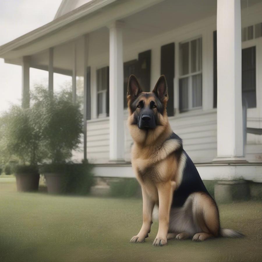 Loyal farm dog guarding the farmhouse