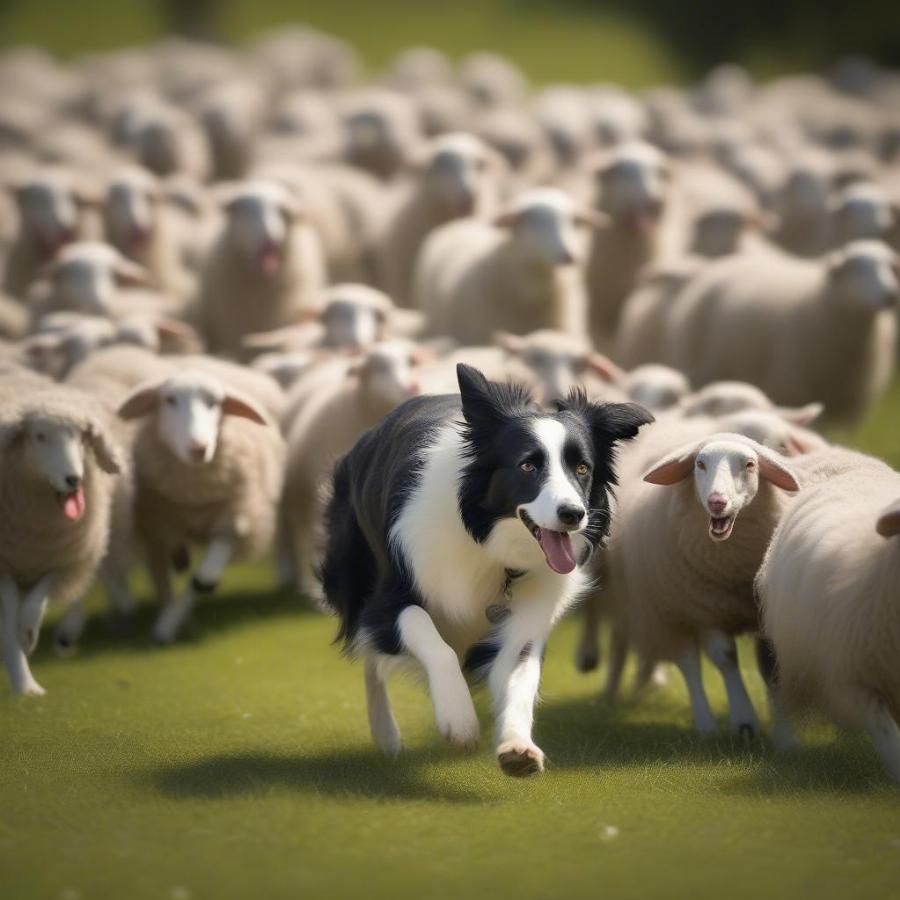 Farmer's dog herding sheep in a green pasture