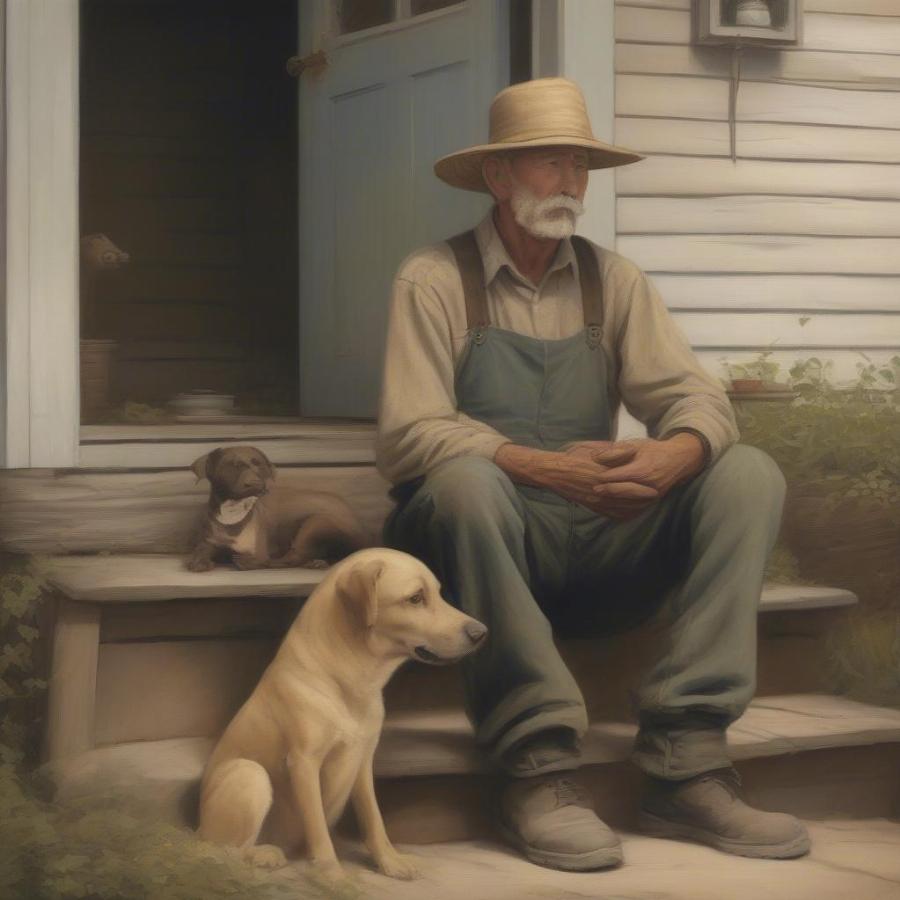 Farmer and dog resting after a long day of work