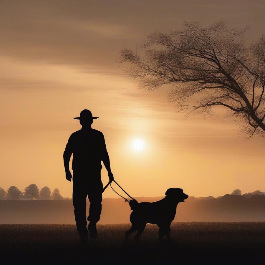 Silhouette of farmer and dog at sunset