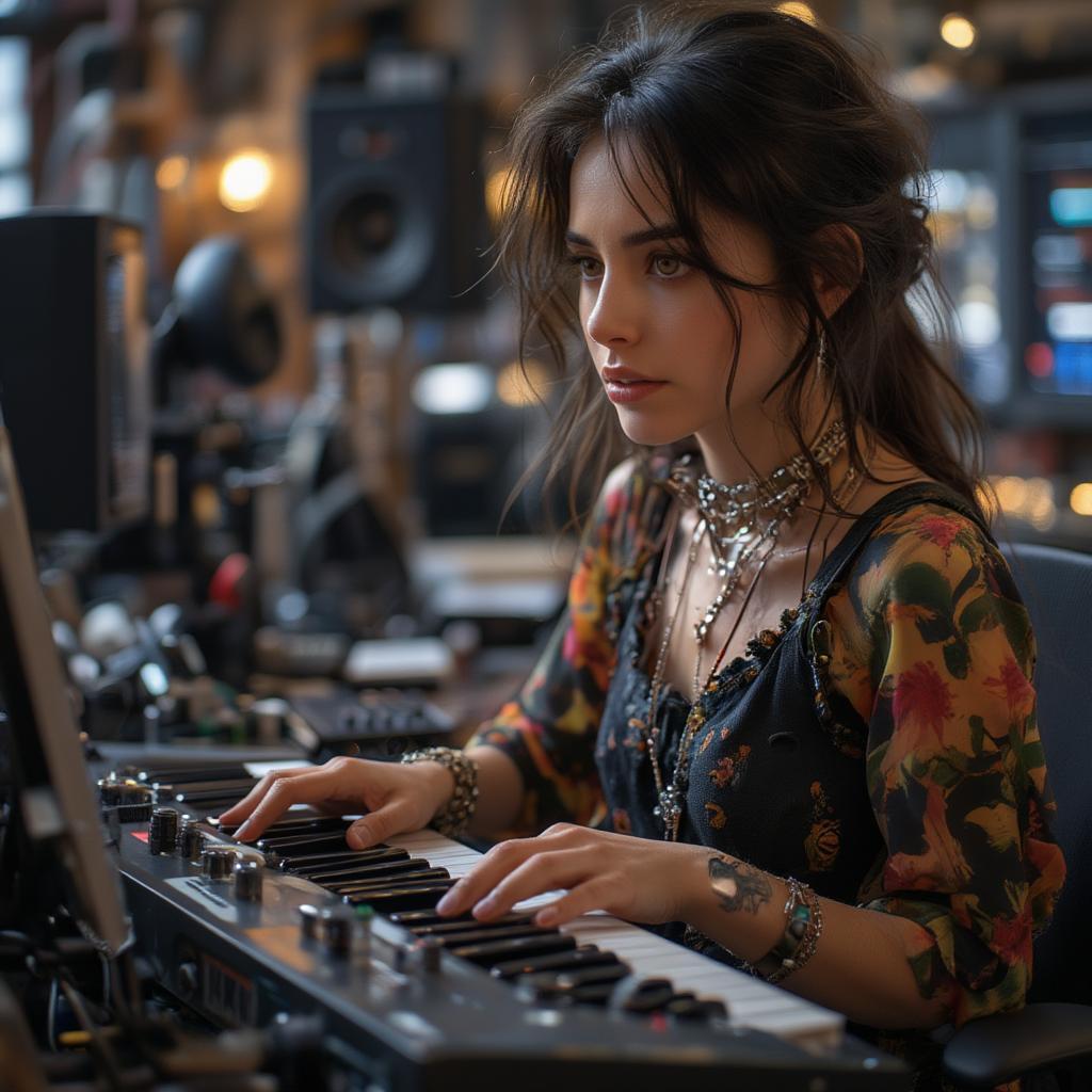 A female singer-songwriter working in a recording studio, composing music on a keyboard and writing lyrics, demonstrating the creative process.