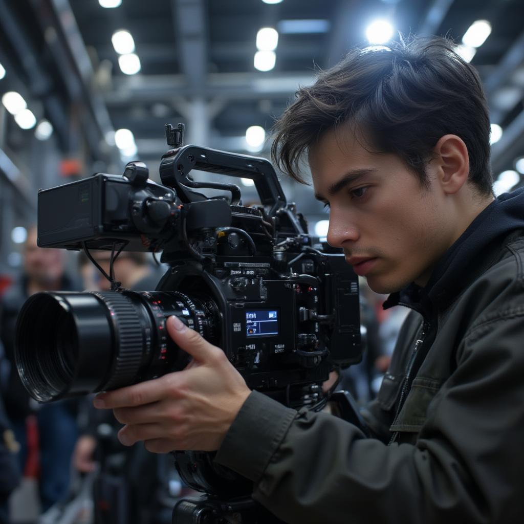 Film School Student Operating Professional Equipment on Set