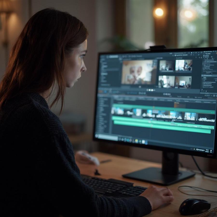 Film student editing video on computer using professional software.