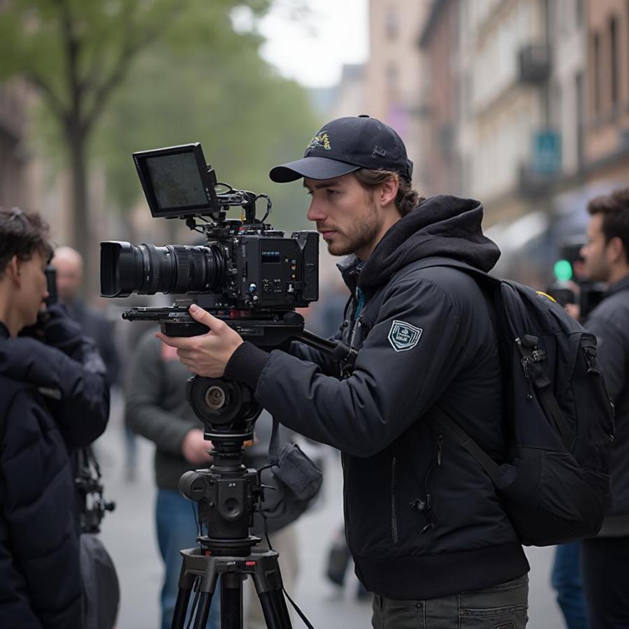 Film Student Operating a Camera on Set