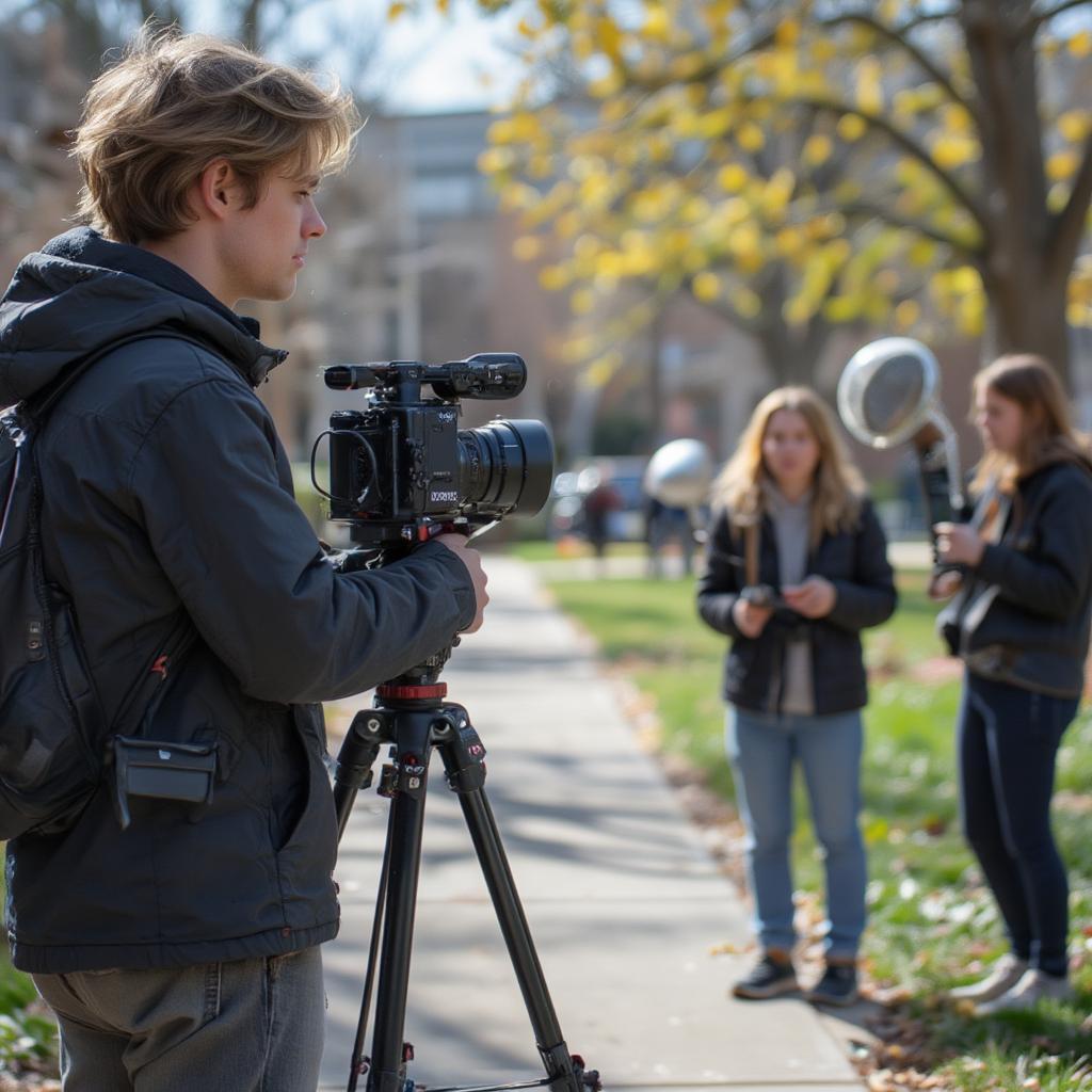 Film student shooting a short film on a university campus