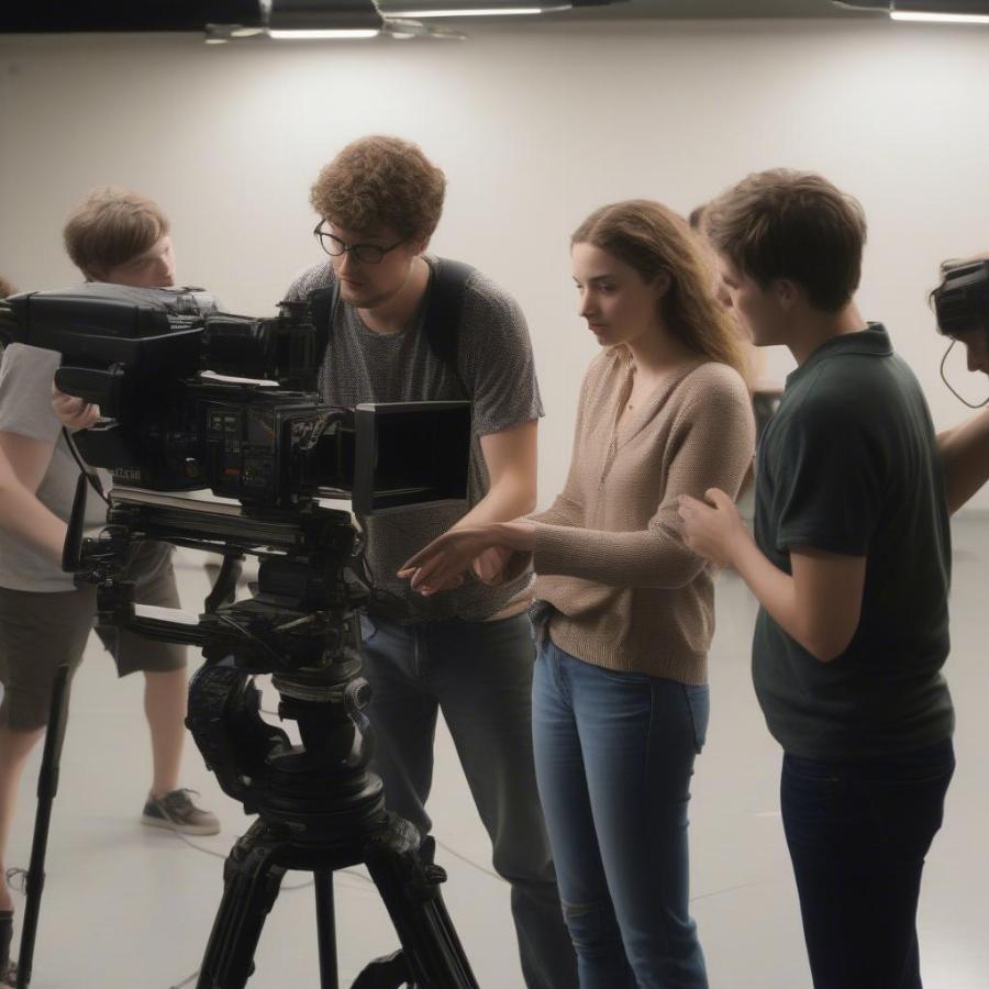 Film students collaborating on a film set