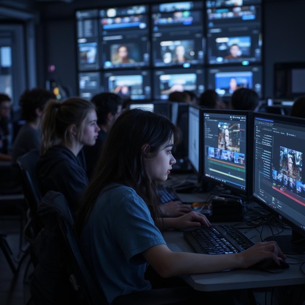 Film students editing a project in a computer lab.