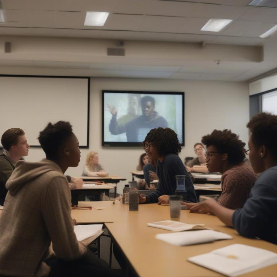 Students engaged in a lively film studies classroom discussion