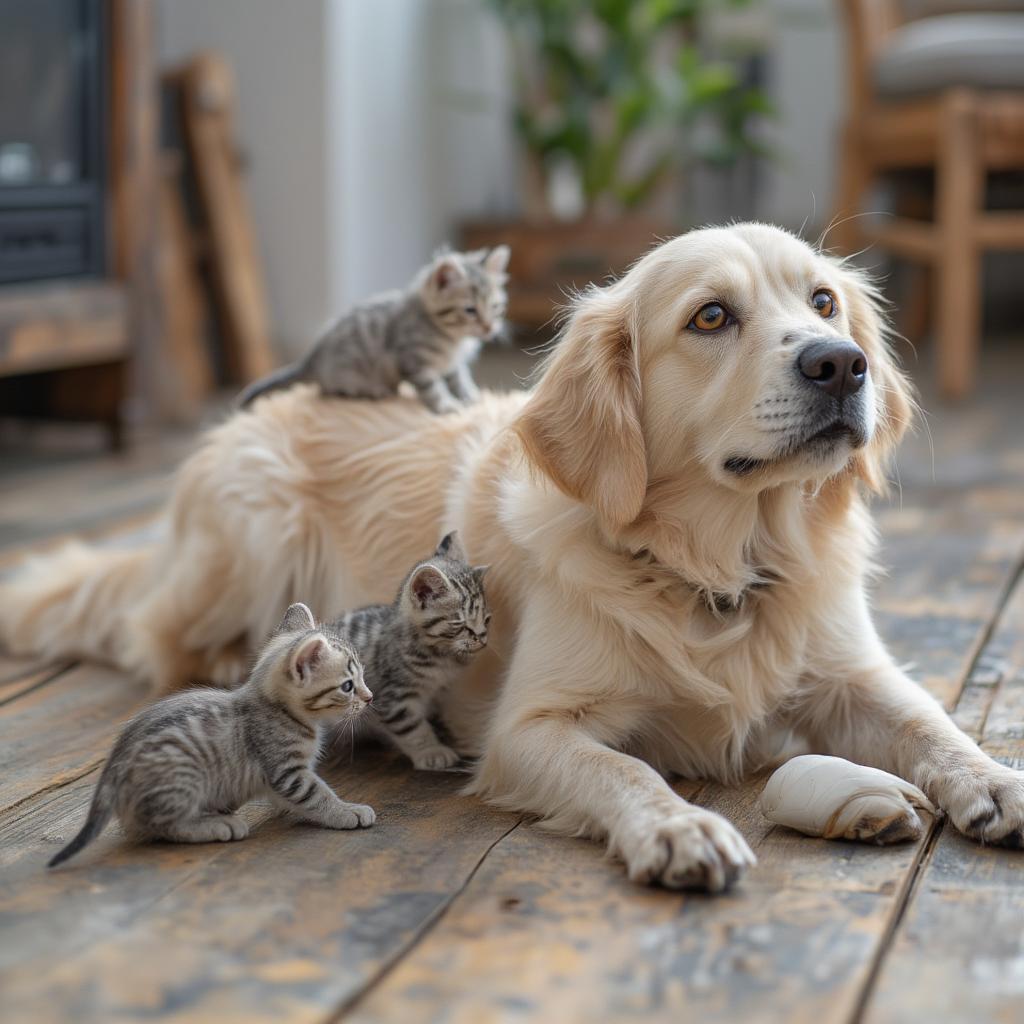 Foster Dog Playing Gently with Kittens