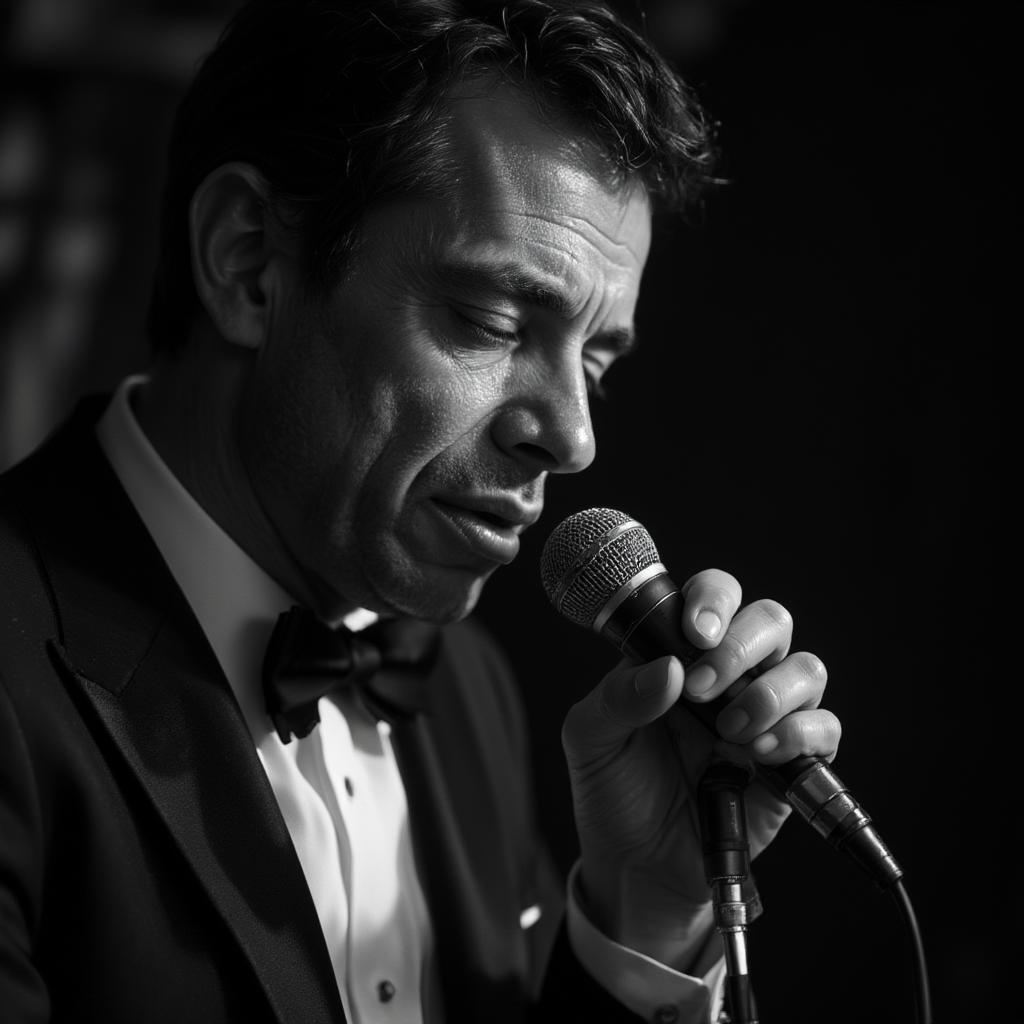 Frank Sinatra in a classic black and white portrait holding a microphone, embodying the golden age of music.