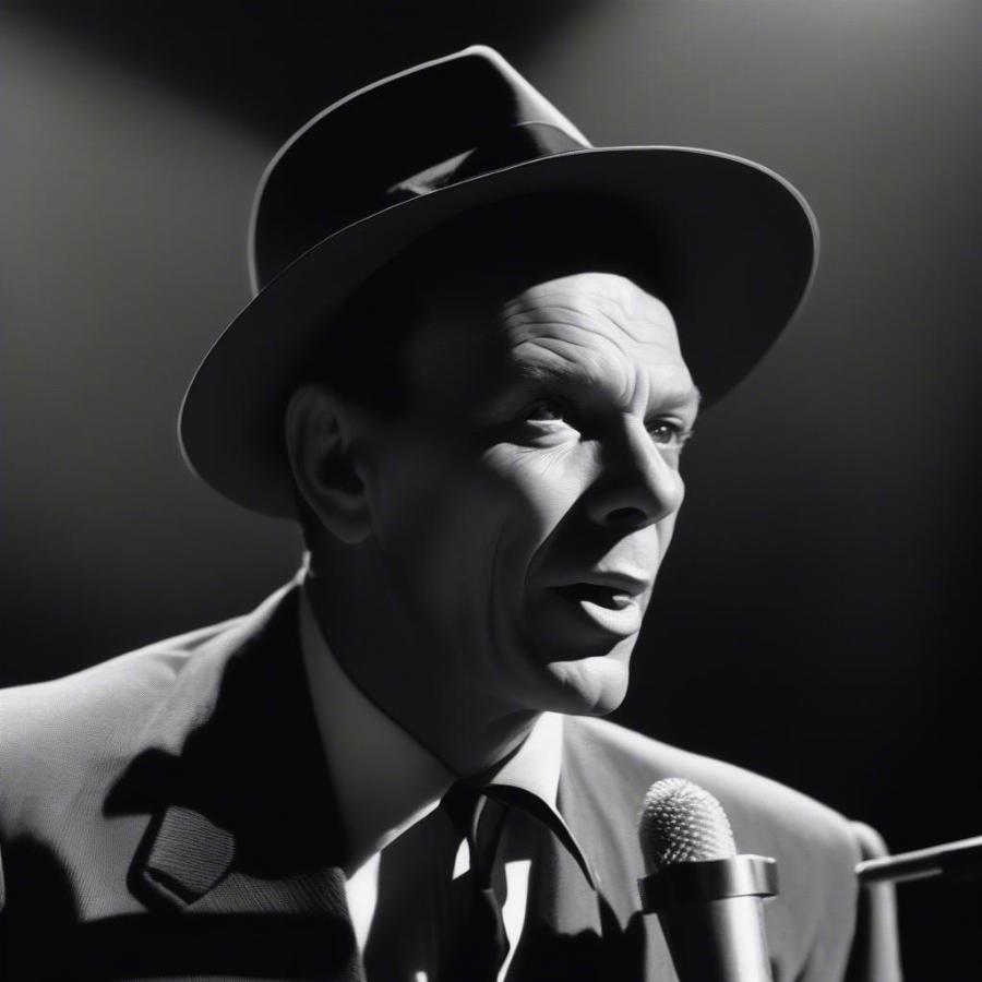 Frank Sinatra singing with a cold, microphone in hand.