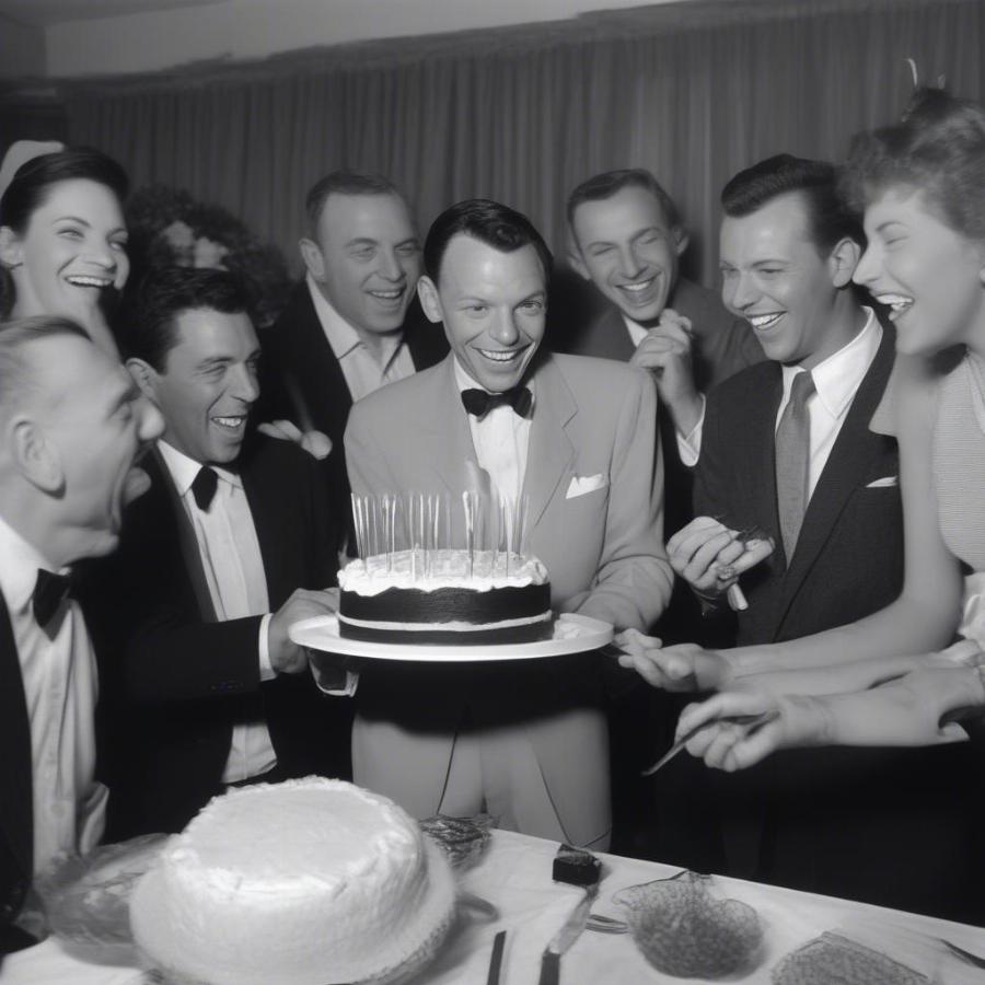 Frank Sinatra Enjoying Cake at a Birthday Party