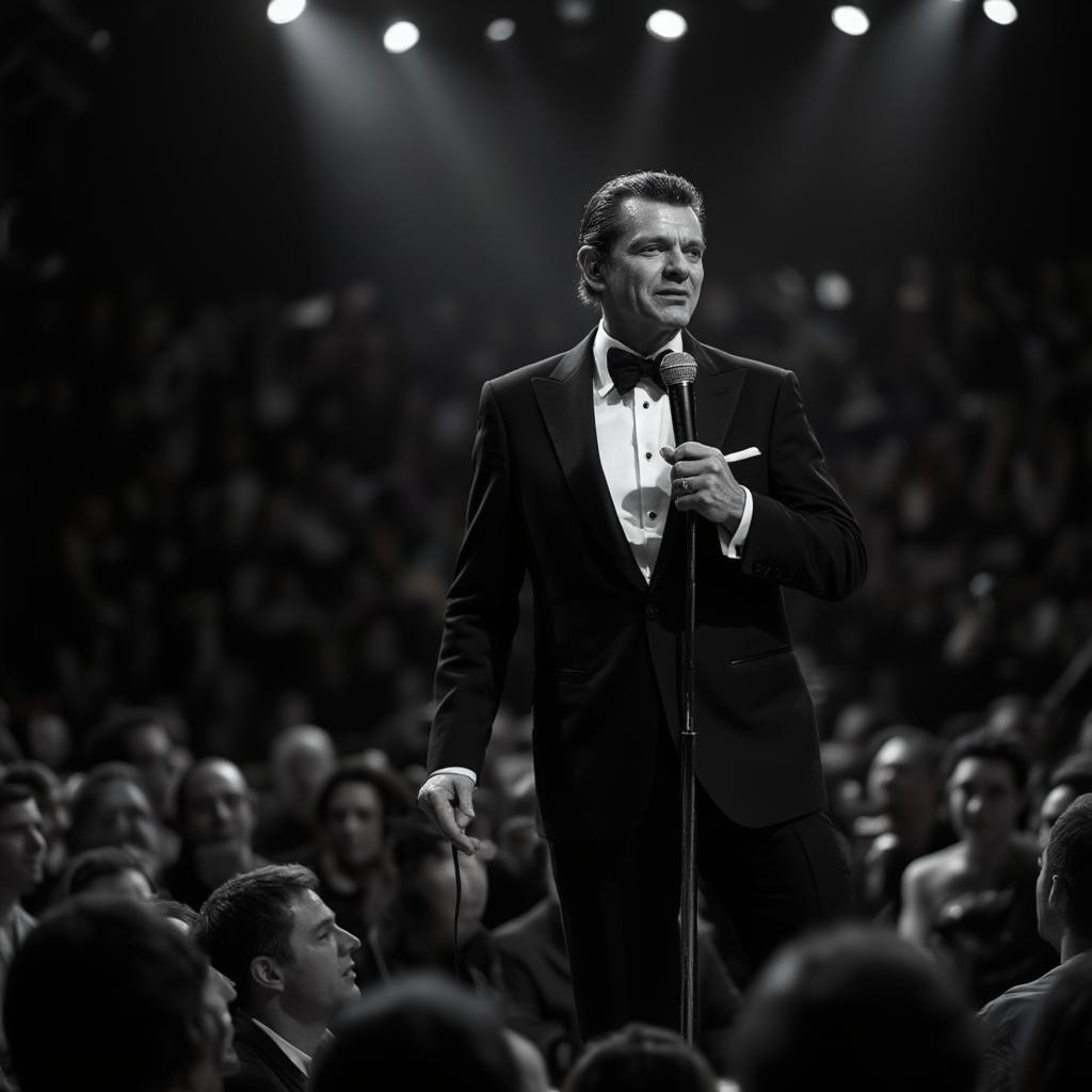 Frank Sinatra Performing Live on Stage in Black and White