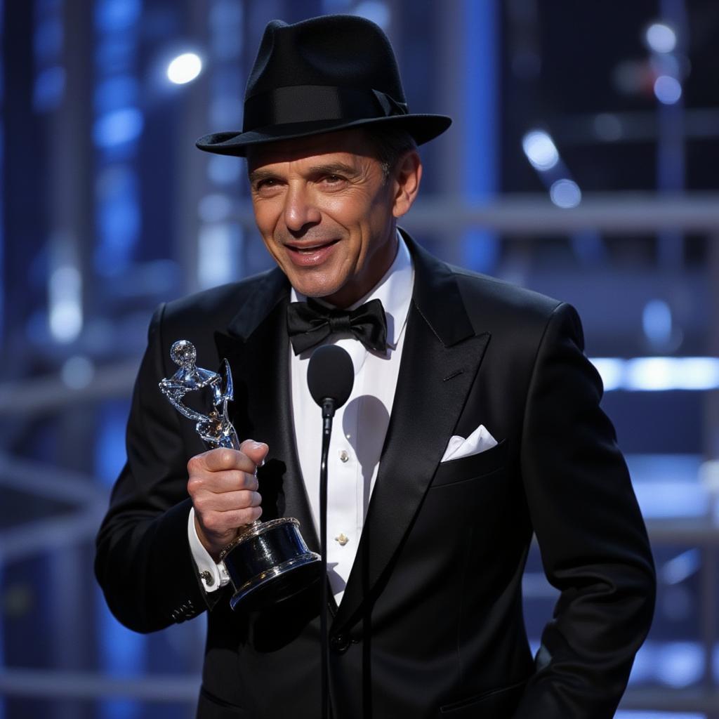 Frank Sinatra receiving an award on stage in recognition of his musical achievements.