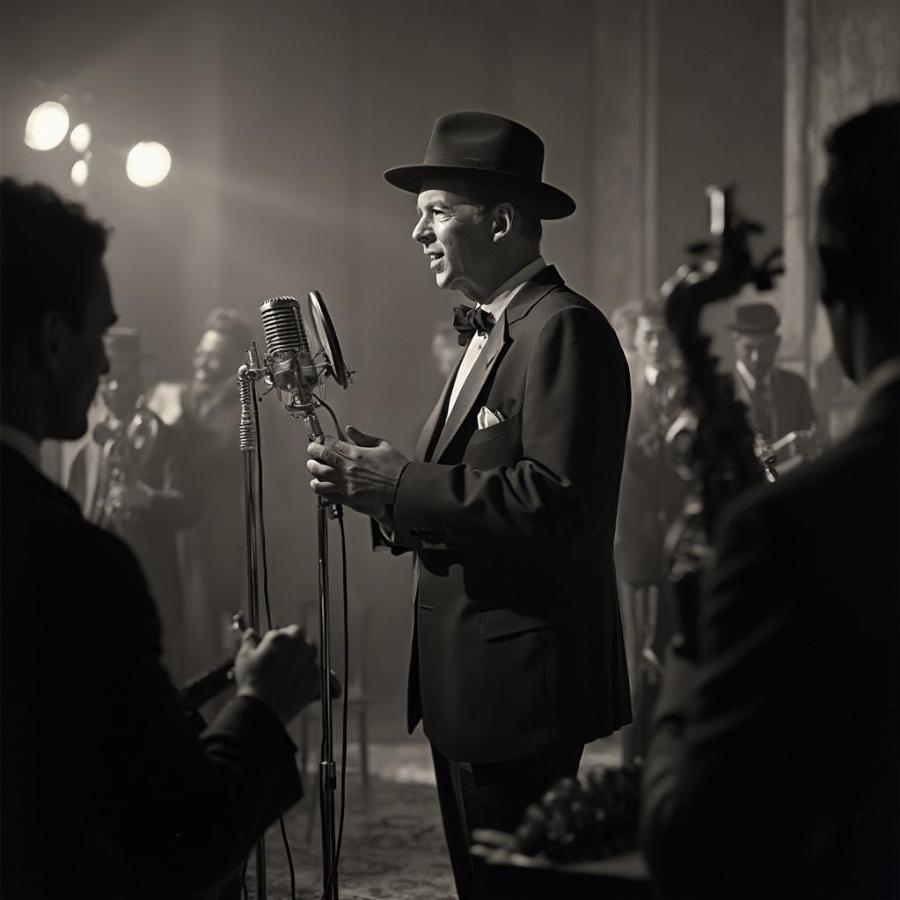 Frank Sinatra recording in a studio with a microphone, surrounded by musicians, capturing the magic of his music.