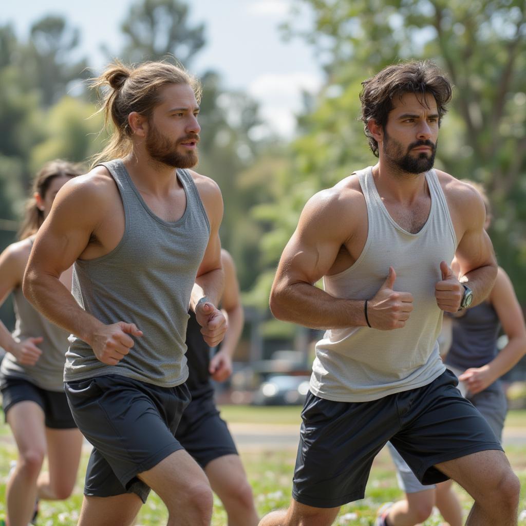 group of friends exercising together in a park