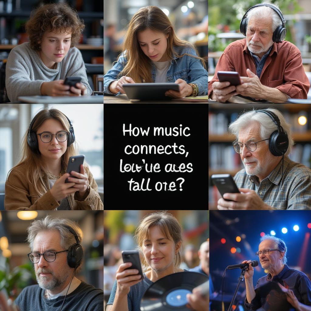 Collage showing different generations listening music