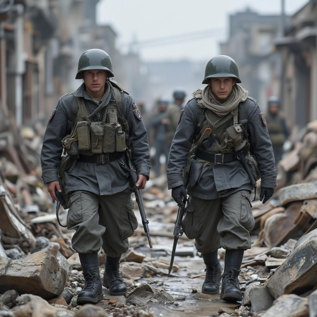 german soldiers marching through ruins world war 2