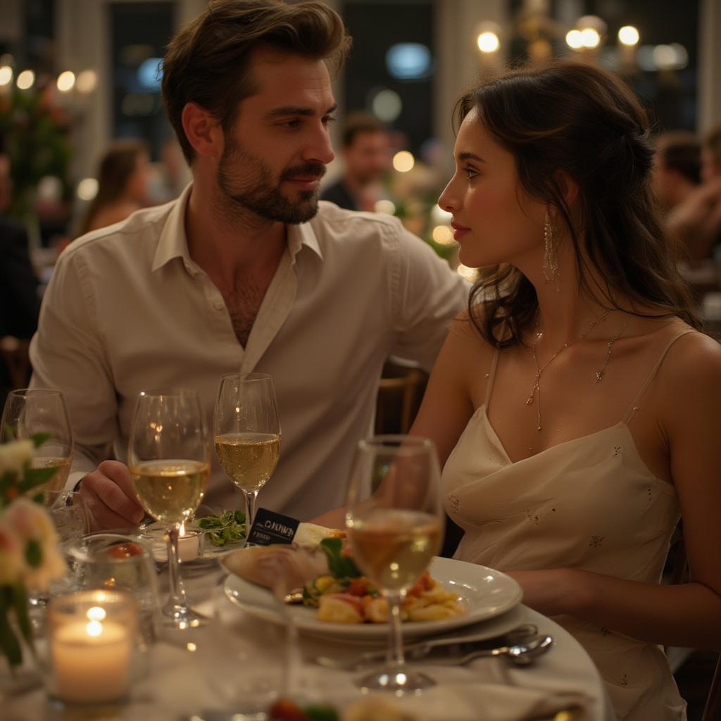 A couple enjoying a romantic dinner at a restaurant with a gift card visible on the table.