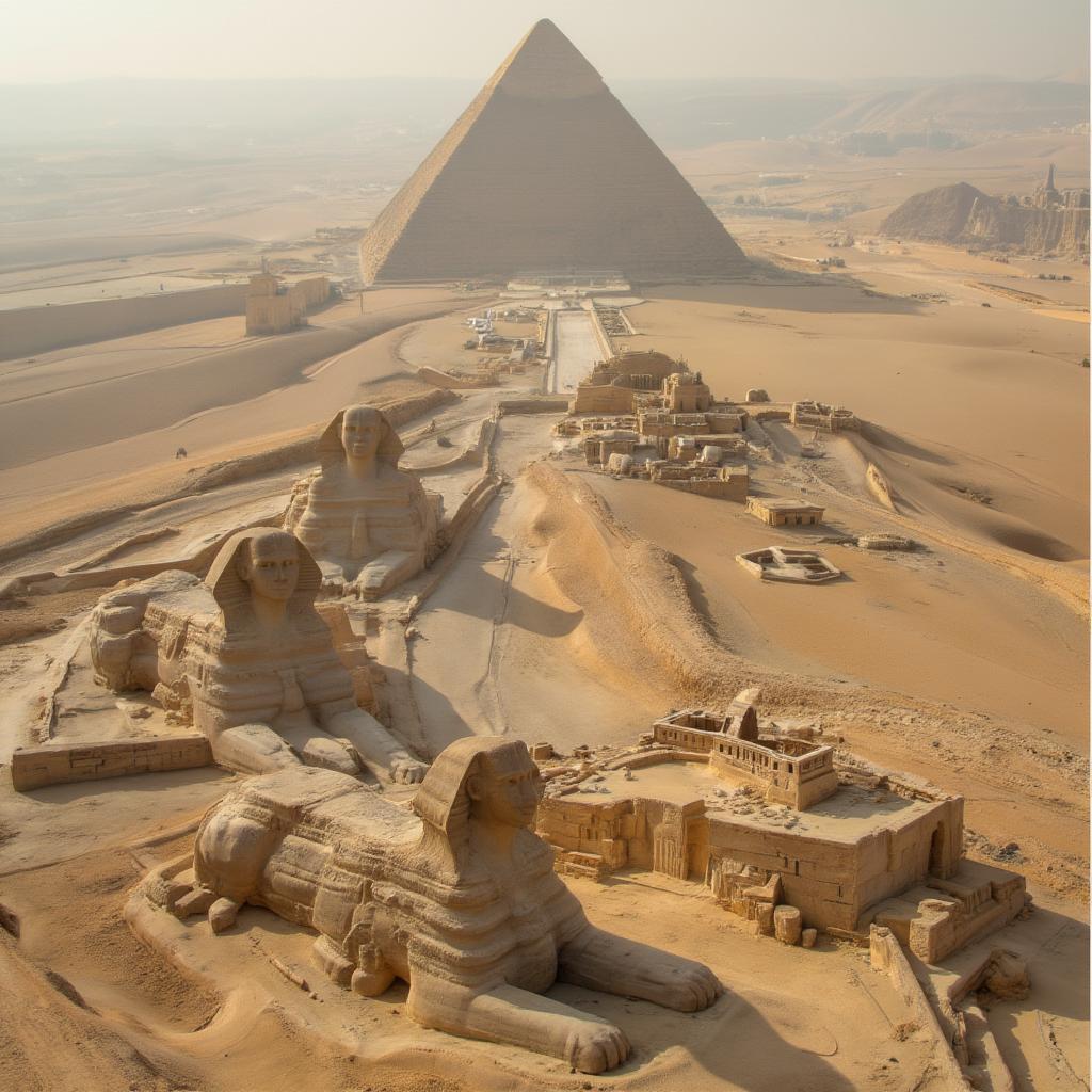 Aerial View of the Giza Plateau Featuring the Pyramids and Sphinx