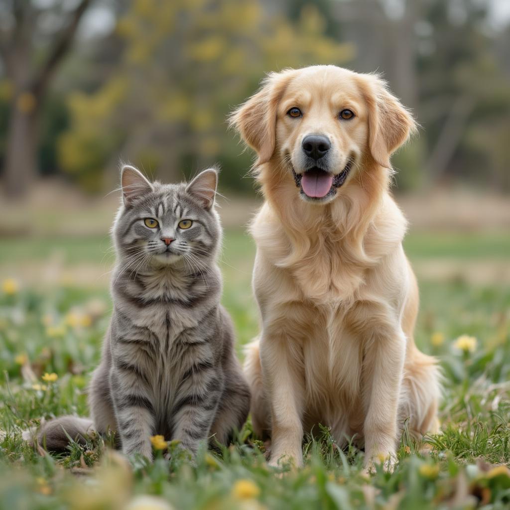 Golden retriever and cat sitting side by side in a grassy field