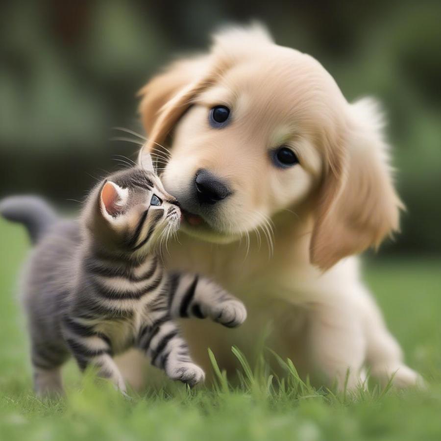 Golden Retriever and Kitten Playing: This picture depicts a playful scene between a golden retriever puppy and a small kitten. The kitten playfully bats at the puppy's tail, while the puppy responds with gentle nudges and licks, showcasing their playful bond.