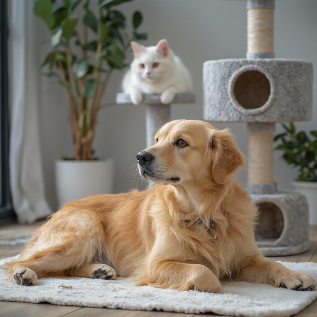 golden retriever laying down near cat