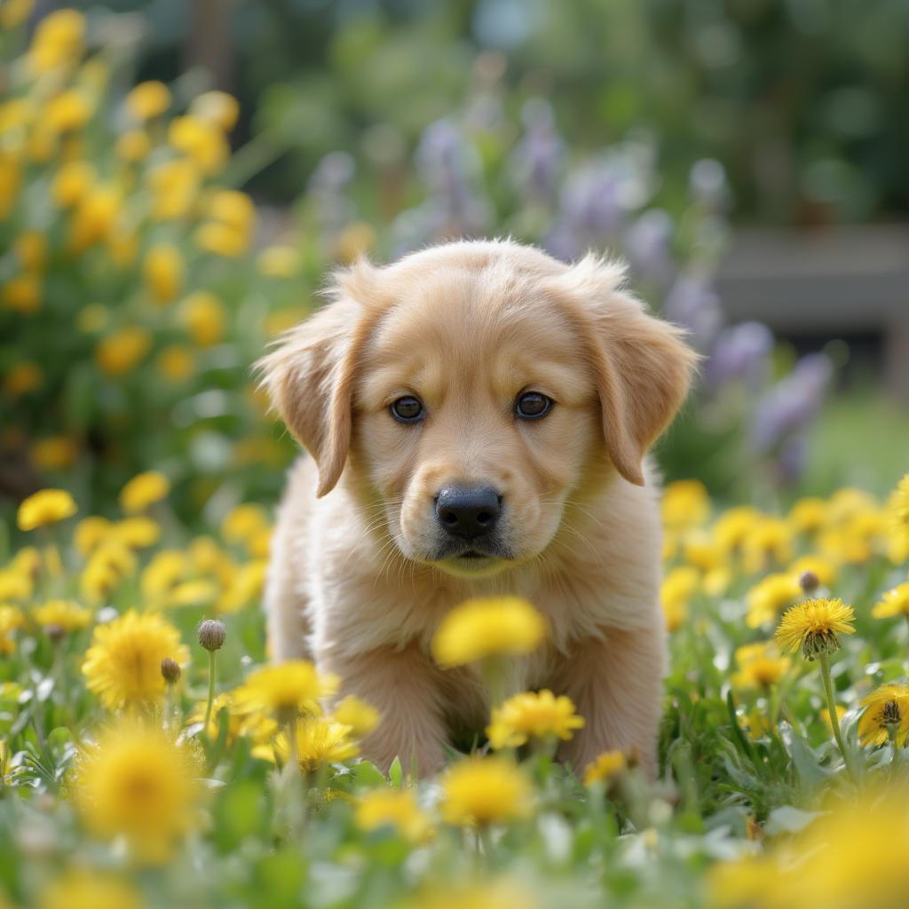 Cute golden retriever puppy exploring the world