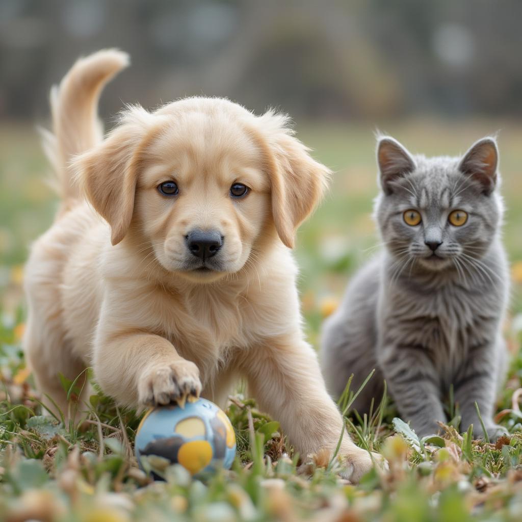 Golden retriever puppy playing with a toy, cat observing nearby