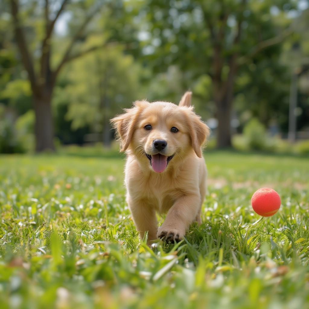 Golden Retriever puppy playfully chasing a ball in the park