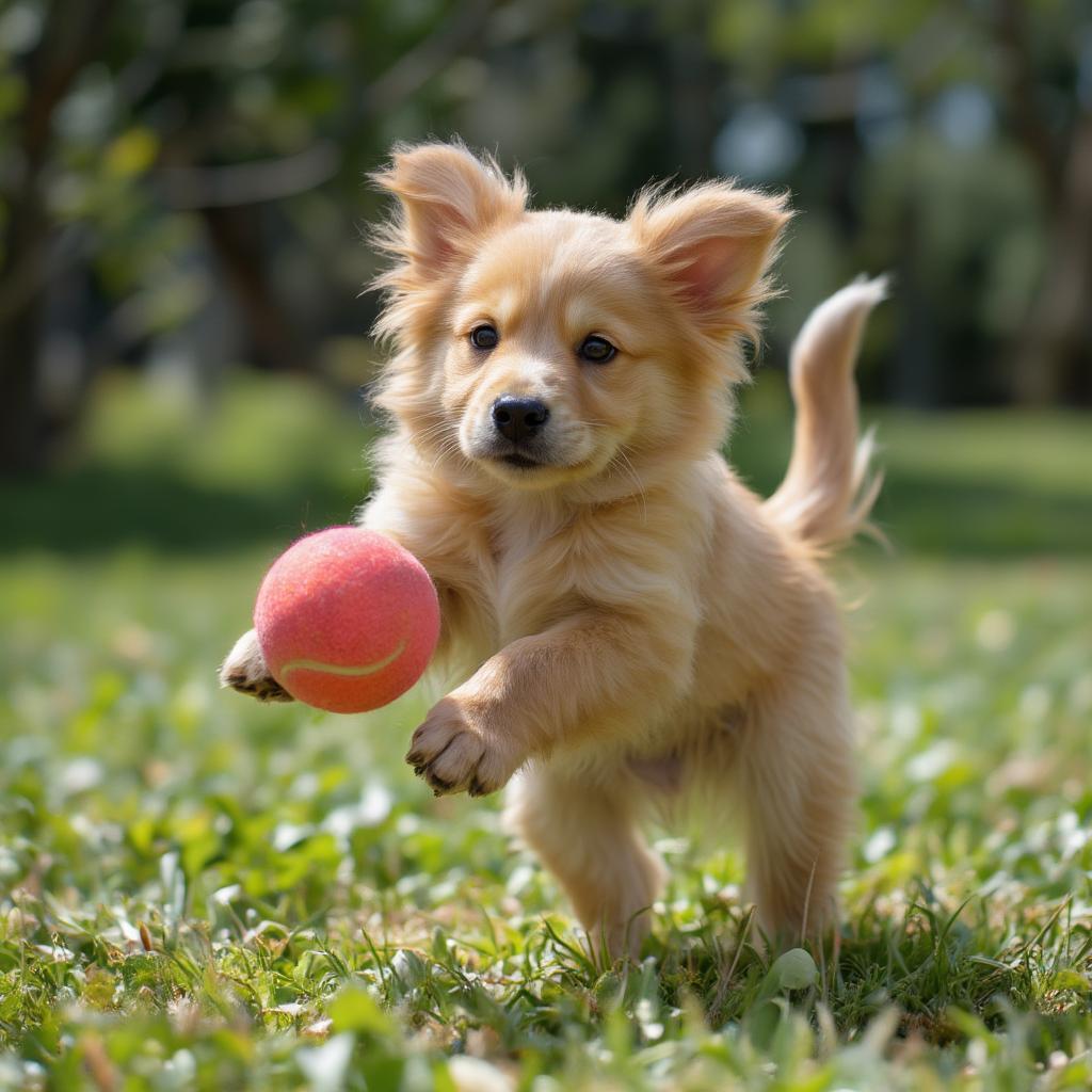 Golden Retriever puppy joyfully playing fetch in the park