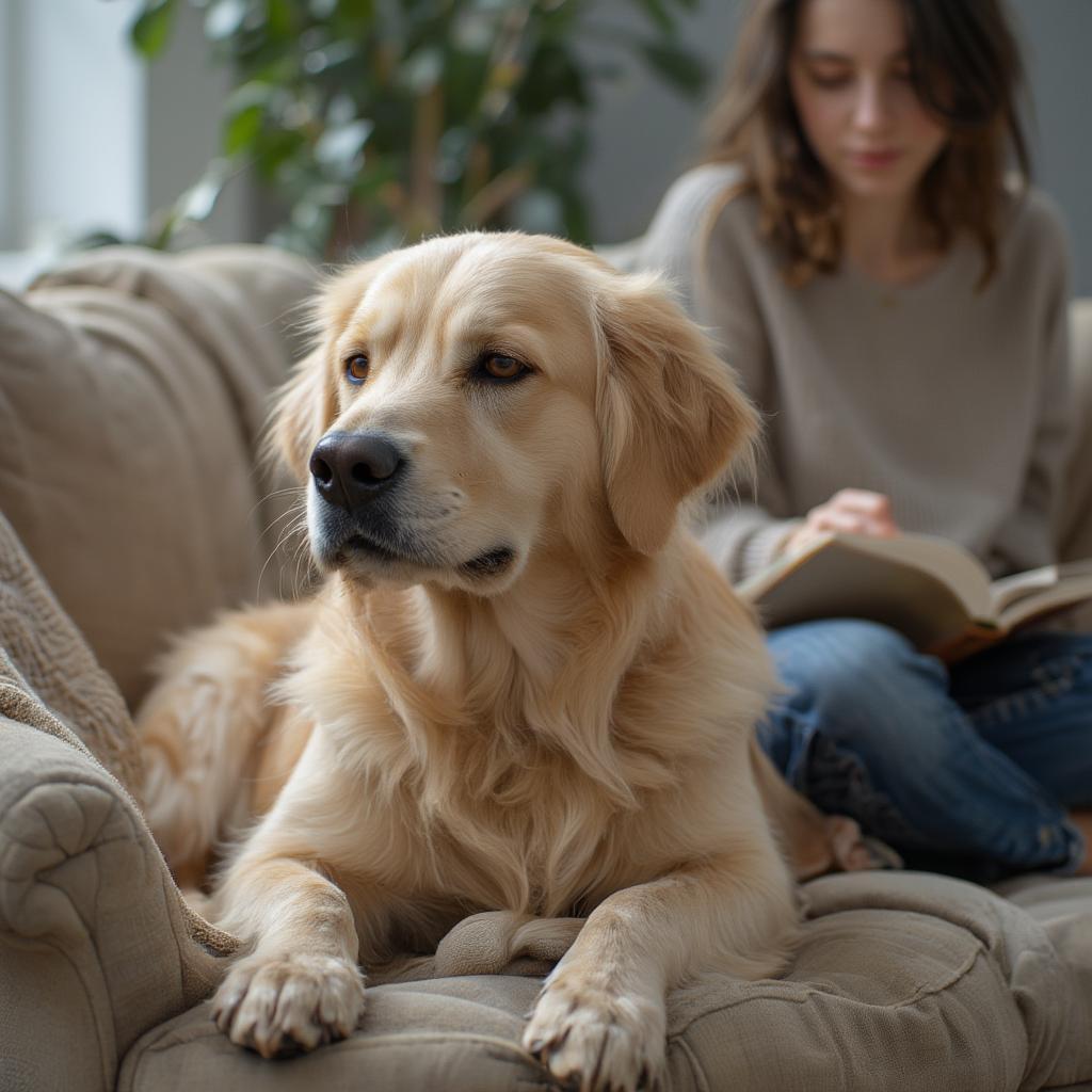 Golden retriever relaxing on sofa while owner reads aloud