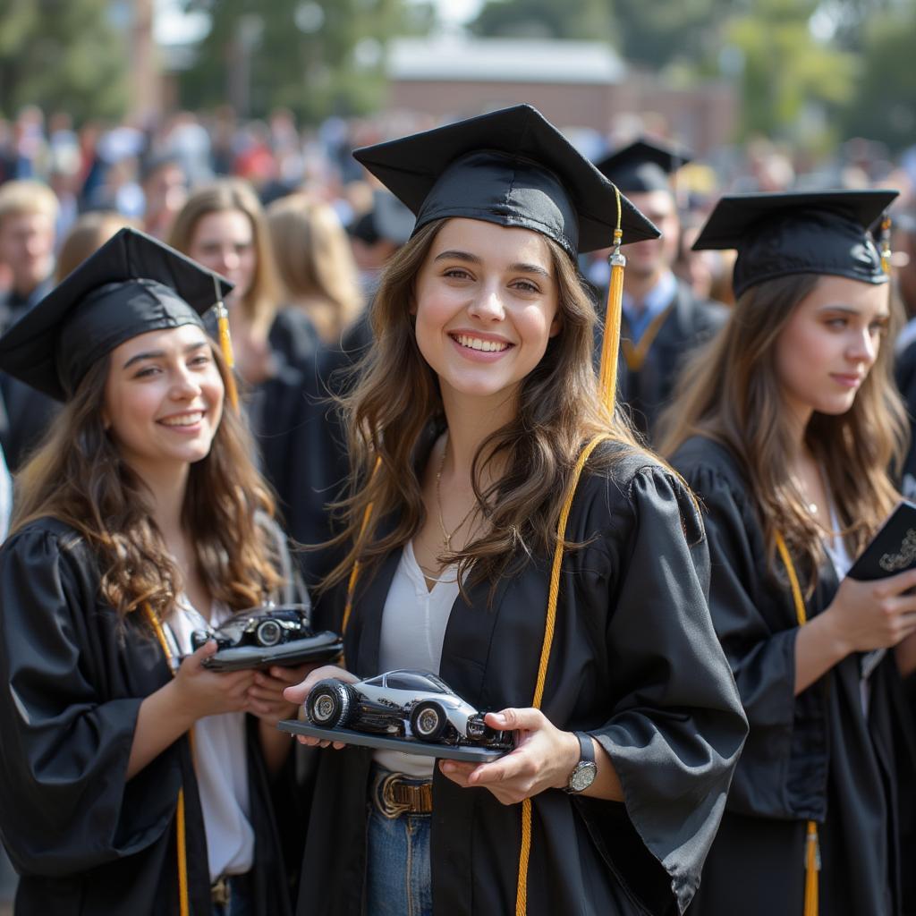 Graduating automotive engineering students celebrating their achievements at a commencement ceremony.