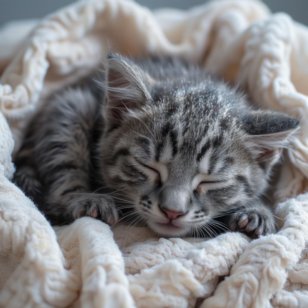 A gray kitten sleeping peacefully